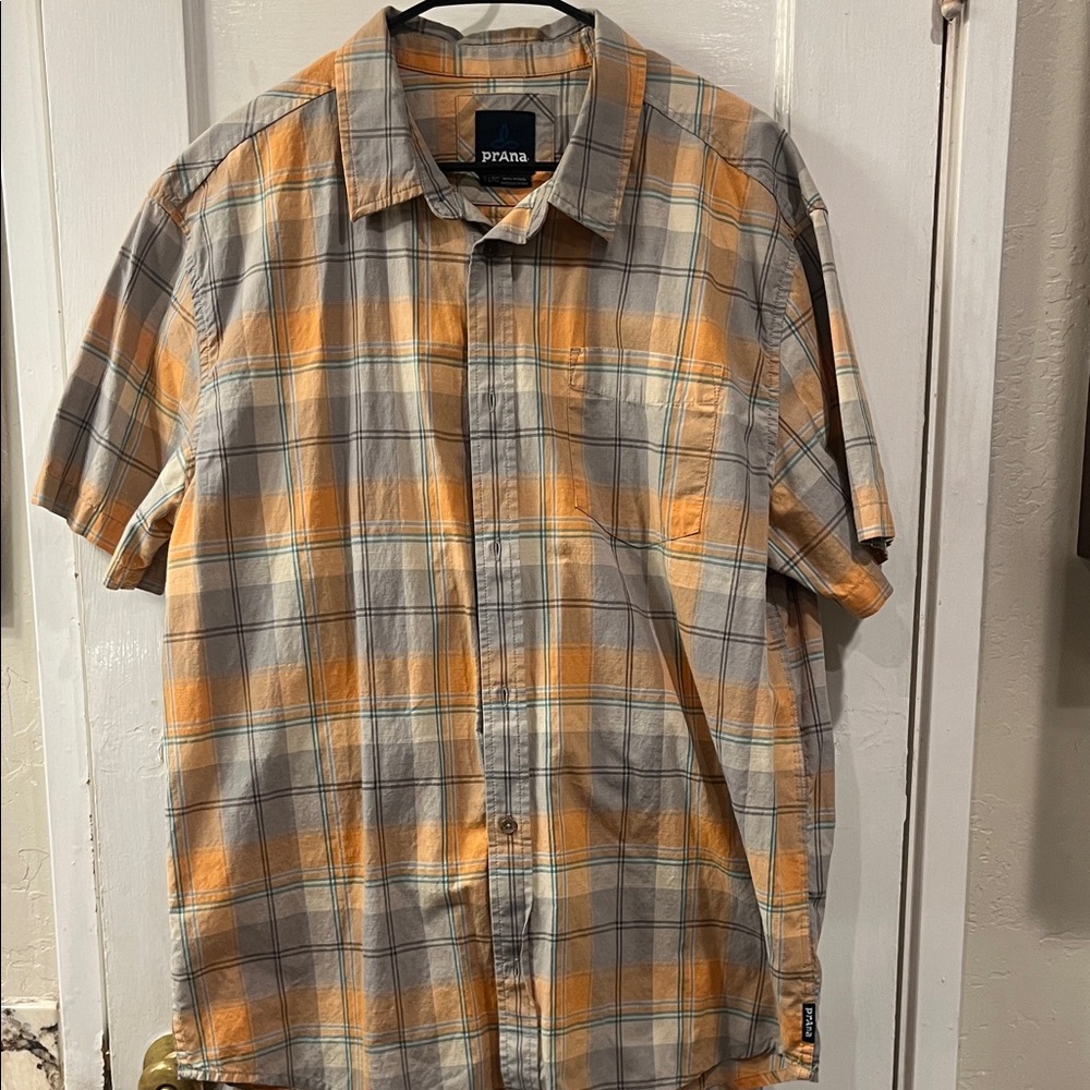 Prana Men's Casual Plaid Shirt in Orange and Gray